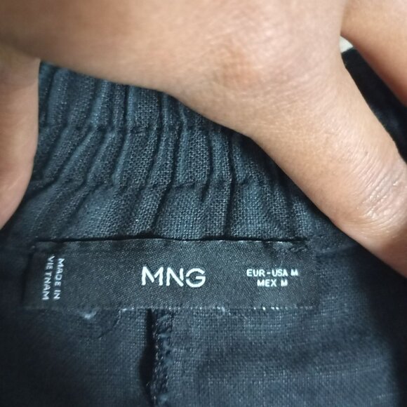 MNG 100% Linen Wide-Leg Pants M Womens Elastic Waist Relaxed Fit Black - Picture 2 of 10